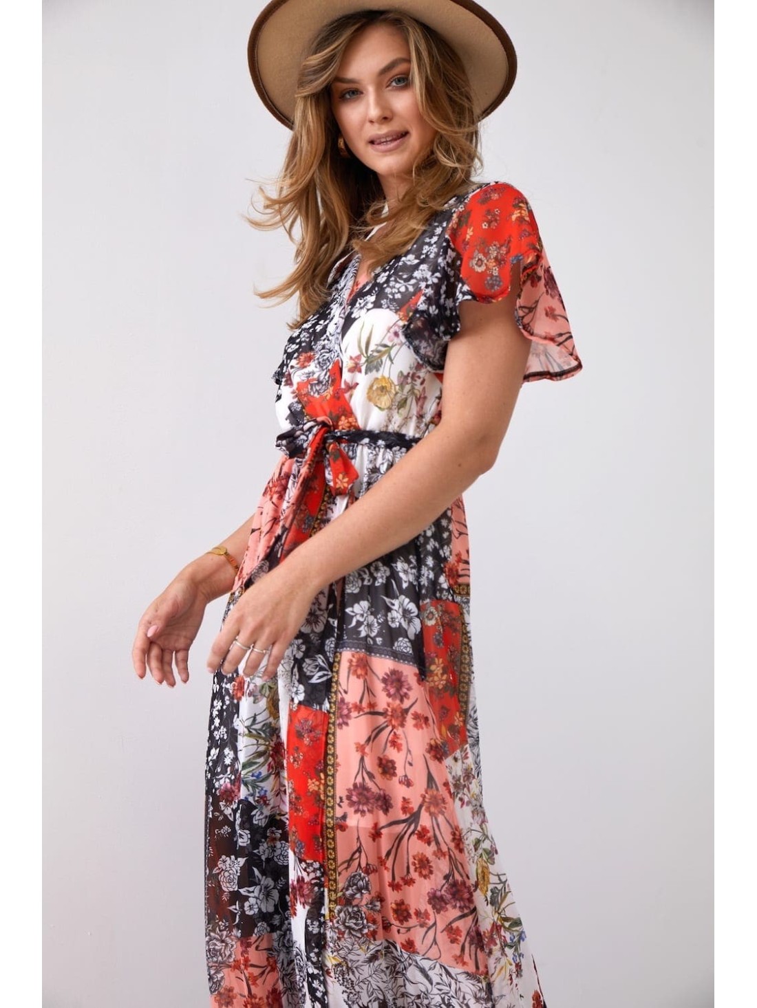 Rochie maxi wrap cu curea, portocaliu FG646 - Magazin online - Boutique